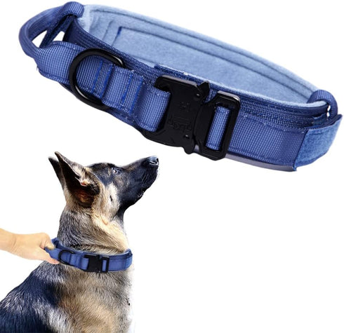 Tactical Dog Collar Military Dog Collar Adjustable Nylon Dog Collar Heavy Duty Metal Buckle with Handle for Dog Training (Dark blue,M)...