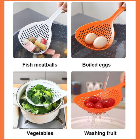 2 Pieces Strainer Scoop Colander Slotted Pasta Spoon Plastic Skimmer Spoon with Handle Food Drain Shovel for Kitchen Cooking, White and Orange 13....