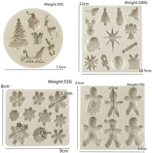 Set of 4 Christmas Fondant Molds, Xmas Cake Cupcake Decoration Silicone Chocolate Candy Mold, Christmas Tree/Gingerbread Man/Reindeer/Snowflake/Sa...