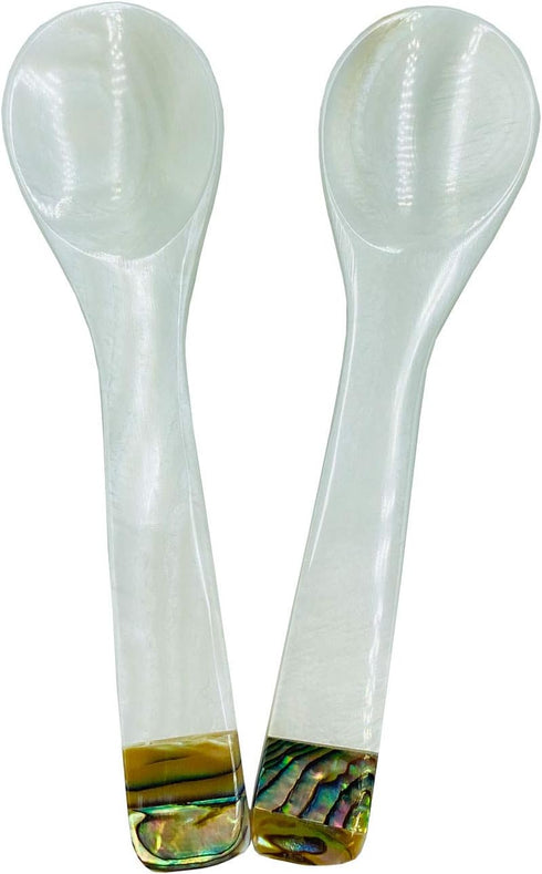 2 Pack 3.94inch Caviar Spoons Handcraft Mother of Pearl MOP Caviar Spoon W Round Handle with One Plastic Storage Box - White, Style B...
