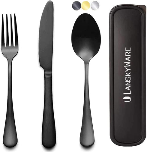 Portable Travel Utensils Set, 18/8 Stainless Steel 3 PCS Cutlery Set Including Knife Fork and Spoon, Reusable Travel Silverware Set with Case for ...