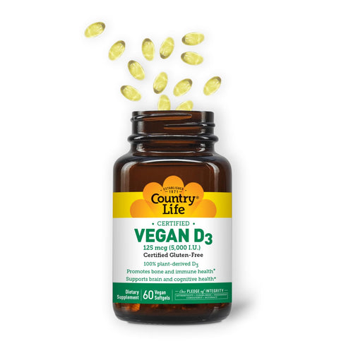 Country Life Vegan D3 5000 IU – Plant-Derived Vitamin D3 from Lichen – High Potency Immune & Bone Support – Certified Vegan, Gluten-Free, Non-GMO ...