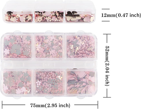 6 Girds Valentine’s Day Pink Nail Art Glitter Sequins,Laser Glitter Flakes with Gold Heart Butterfly Designs 3D Holographic Nail Art Glitter for V...