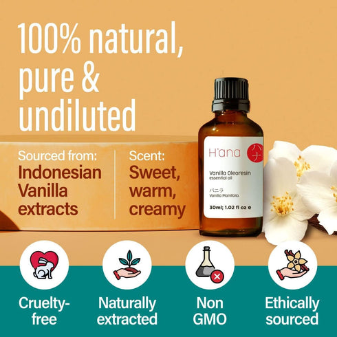 H’ana Vanilla Essential Oil for Diffuser & Skin (1 fl oz) - 100% Natural Vanilla Oleoresin Essential Oil - Fragrant and Long Lasting Vanilla Oil P...