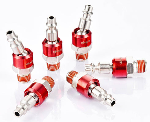 Industrial-Grade 1/4" Swivel Air Plug, 6-Pack 360° Swivel Steel Red Electrophoresis Plug, 1/4-Inch NPT Male Pre-Coated 18-Threads, Air Hose Fittin...