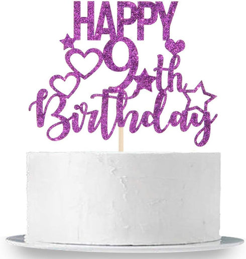 Purple Glitter Happy 9th Birthday Cake Topper for Cheers to 9 Years - Children's Birthday Party Cake Decorations...