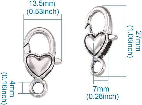 KISSITTY 30-Piece Lobster Claw Clasps Antique Silver Large Heart Fastener Hook Trigger Clasps for Bracelets Charm DIY Jewelry Making, 27x13.5mm Ti...