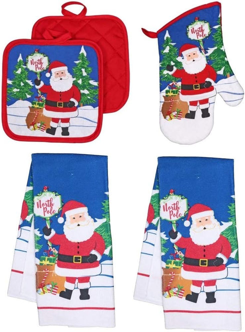 Christmas Kitchen Towel Set 5 Piece 2 Pot Holders & 2 Towels with 1 Oven Mitt (Santa Claus)...