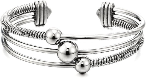 COOLSTEELANDBEYOND Three-Row Women's Stainless Steel Adjustable Open Cuff Bangle Bracelet with Cable and Ball Charms...