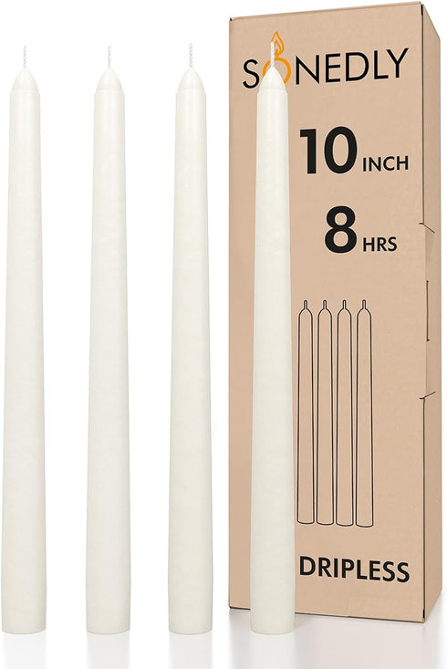10 Inch Taper Candle 4 Pack - Unscented Hand-Dipped Tapered Long Burning for Home Interior - Dripless and Smokeless 8-Hour Burning Ivory Candles...