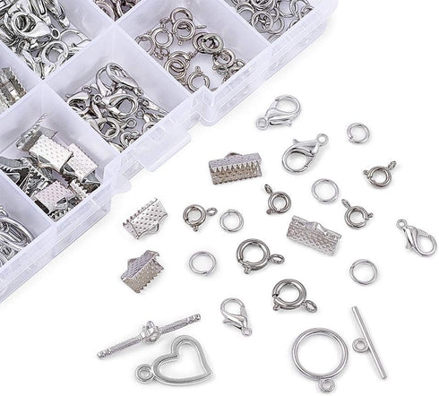 Pandahall 1 Box Jewelry Making Finding Kits with Lobster Clasps/Spring Clasps/Toggle Clasps/Ribbon Ends/Jump Rings (Platinum)...