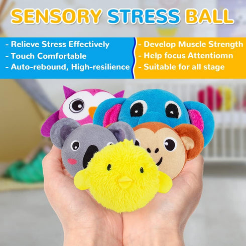 teytoy Mini Sensory Stress Ball for Kids and Adults,5 pcs Plush Stuffed Animals Farm Friends Infant and Toddler Toys Owl, Elephant, Koala, Chicken...