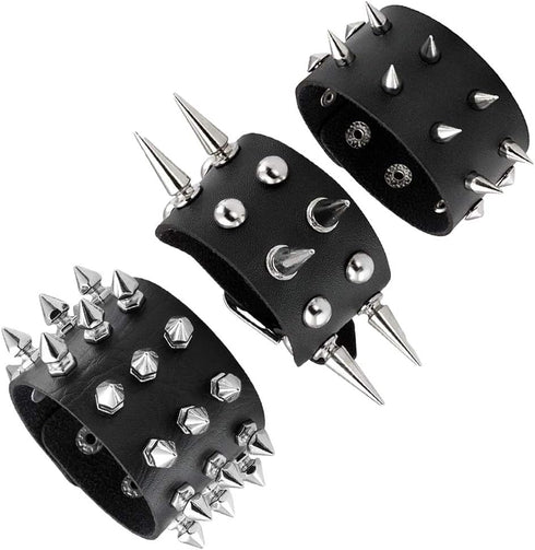 TURTLEDOVE Spike Rivets Cuff Bangle - Goth Black Leather Bracelet with Metal Studded - 80s Punk Rock Accessories for Men Women (3 PCS Spike Bracel...