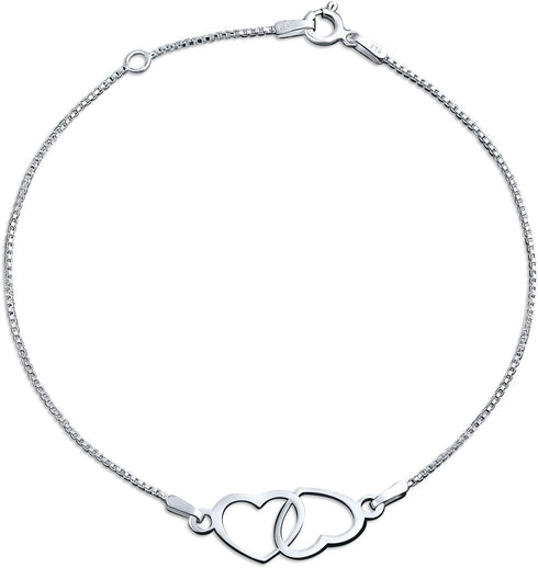 Bling Jewelry Romantic Open Interlocking Danity Bow Hearts Anklet Ankle Bracelet For Women .925 Sterling Silver Adjustable 9 To 10 Inch With Exten...