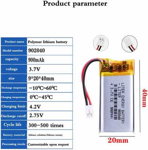 3.7V 902040 900mAh Lithium Polymer ion Battery Rechargeable Polymer Battery Pack with JST 2.0mm Connector...