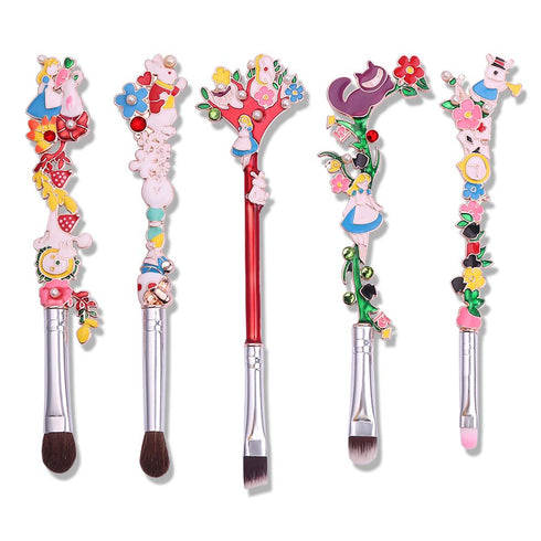 Alice in Wonderland Makeup Brush Set,5pcs Cute Alice Flower Makeup Brushes with Premium Synthetic Fiber and Metal Handle for Blush, Foundation, an...