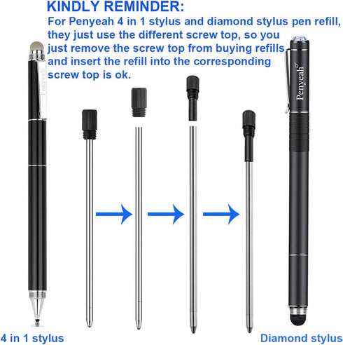 Penyeah D1/ 2.75" Ballpoint Pen Refills 4-in-1 Stylus/Diamond Stylus/Lighted Tip Pen/Led Pen Light or Other Brands,0.7mm Fine Point (Pack of 12, B...