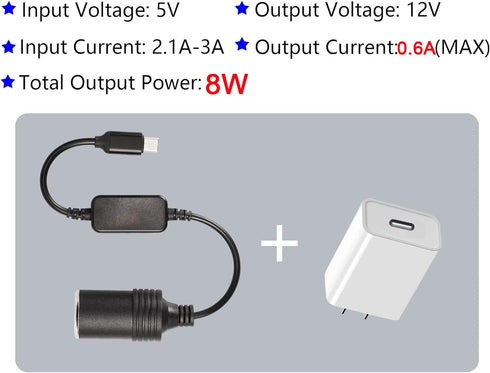 CERRXIAN 1ft USB C Male to 12V 8W Cigarette Lighter Socket Adapter Power Cable for Dash Cam, GPS, Car Led Light Strips...