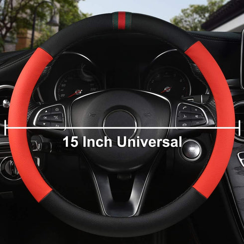 Black Panther Premium Textured Leather Auto Car Steering Wheel Cover, Anti-Slip and Comfortable Grip, 15 inch Universal - Black + Red...