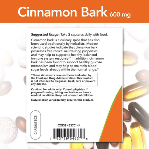 NOW Supplements, Cinnamon Bark 600 mg, Non-GMO Project Verified, Healthy Glucose Metabolism*, 240 Veg Capsules...