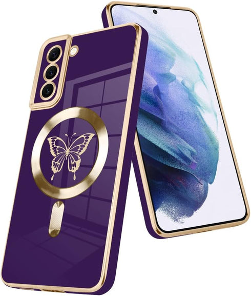 Fiyart Designed for Samsung S21 Compatible with Magnetic Wireless Charging,Cute Butterfly Phone Case with Camera Lens Protection for Women Girls M...