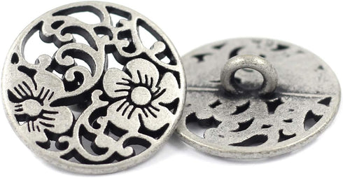 Bezelry 12 Pieces Vine Flower Metal Shank Buttons. 20mm (3/4 inch) (Antique Silver)...