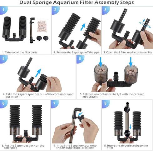 hygger Sponge Filter, Aquarium Filter Double Sponge Replaceable Media with 4 Biochemical Sponges and 1 Bag of Filtered Ceramic Balls Ultra Quiet F...