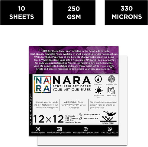 NARA Alcohol Ink Paper | White | 12 inches x 12 inches (12”x12”) | 330 microns/250 GSM | Medium+ Paper | 10 Sheets | Paper for Alcohol Ink Art Pai...