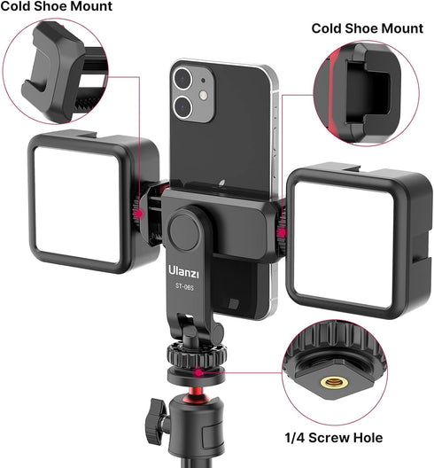 ULANZI Phone Tripod Mount ST-06S, New Universal Smartphone Mount Adapter with 2 Cold Shoe, 360° Rotates Adjustable Cell Phone Clip Clamp Holder, C...