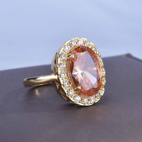 Hsitgexf Huge Oval Shaped CZ Cubic Zircon Wedding Party Statement Champagne Ring Engagement Inspired Cocktails Morganite Yellow Gold Plated Ring f...