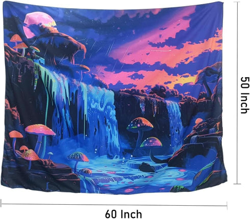 Algasan Blacklight Mushroom Waterfall Tapestry Black Light Nature Tapestry Landscape Tapestry Forest Starry Night Fantasy Wall Hanging Tapestries ...