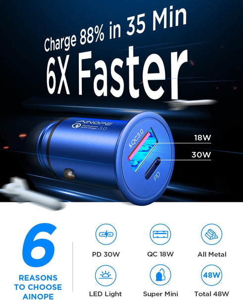 AINOPE 54W USB C Car Charger, Mini & Metal, Fast Charging, PD3.0 & QC3.0, Compatible with iPhone 13, 12, 11, Pro Max, XS, Samsung S22, Note20, iPa...