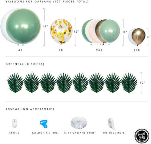 Sweet Baby Co. Sage Green Balloon Garland Arch Kit with Eucalyptus Olive, Peach, White, Gold Balloons and Greenery for Forest Safari Jungle Tropic...