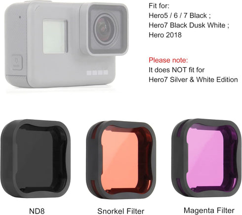 3-Pack Camera Lens Filter Set for GoPro Hero 5/6/7 Black/Hero (2018) Cameras, ND Filter(ND8 Filter) Dive Filters(Light Red Filter and Magenta Filt...