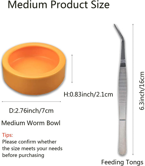 2 Pack Worm Dish Reptile Food Bowl Bearded Dragon Ceramic Bowl with Feeding Tongs (Yellow-Medium)...