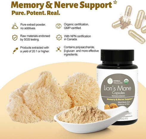 Herbal Treasure Lions Mane Supplement Capsules, Made with Organic Lions Mane Powder for Mental Clarity and Focus Supplements, 800mg Lions Mane Pow...