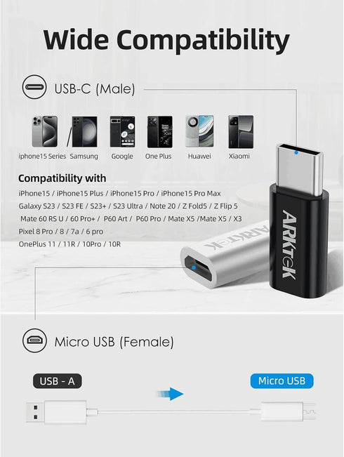 ARKTEK 4 Pack USB C Male to Micro USB Female Adapter Type C Adapter Support Data Transfer & Charging Compatible for iPhone 15/15 Pro/15 Pro Max/15...