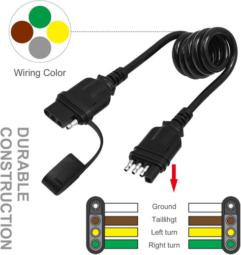 4 Pin Trailer Plug Extender Trailer Wire Extension Harness Quick-Connect Trailer Adapter Extender 4 Way Flat Male and Female Wiring Harness Adapte...