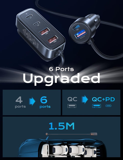 AINOPE Car USB Charger Multi Port, 108W Fast USB C Car Charger PD 36W & QC3.0 Cigarette Lighter Car Travel Essentials for Long Trips Kids with 5FT...