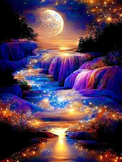 Moonlight Waterfall Stamped Cross Stitch Kits - Nature Landscape Starry Scenery Needlepoint Counted Cross Stitch Kits for Beginners Adults Pattern...