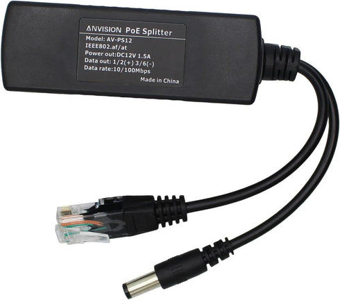 ANVISION 48V to 12V PoE Splitter Adapter IEEE 802.3af Compliant 10/100Mbps, for IP Camera AP Router Voip Phone, AV-PS12...