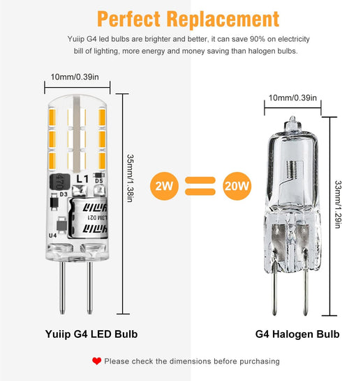 YUIIP G4 LED Bulb 2W 10W 20W Halogen Bulbs Replacement AC/DC 12V G4 Bi-Pin Base Light Warm White 3000K Lamp for Landscape, Under Cabinet Lighting,...