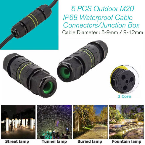 3 Pole Wire Connector Waterproof IP68 External Electrical Junction Box,M20 for Ø5-12mm Wire Range(AC 450V, 24A),2 Way 3Pin,Use for Outdoor Billboa...
