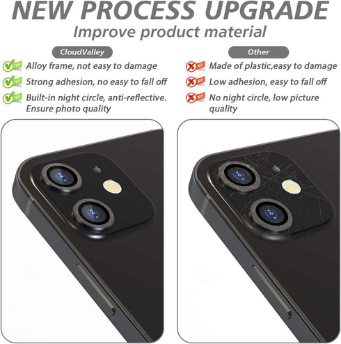 CloudValley Camera Lens Protector for iphone 12/12 Mini / 11, Tempered Glass Film, Aluminum Alloy Screen Cover, 2 Pack Black, with Cleaning Kit......