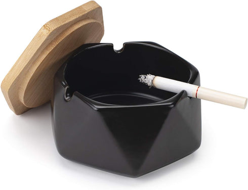 Ceramic Geometric Ashtray with Lid, Windproof Ceramic Ashtray for Indoor or Outdoor Use, Home Office Decoration, Black...