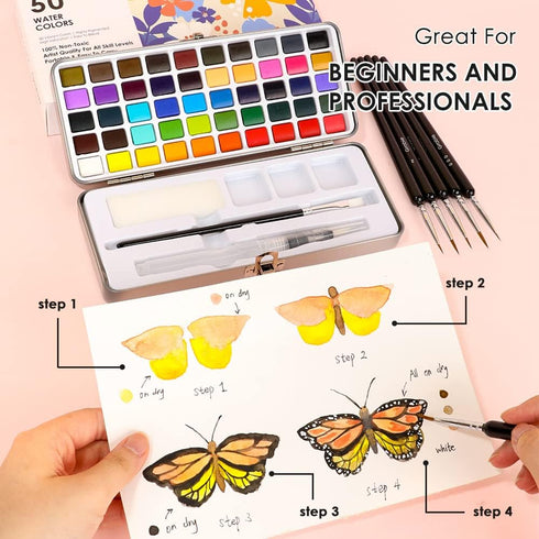 Watercolor Paint Set, Great for Painting, 50 Colors, Detail Paint Brush Included, Art Supplies, for Artists, Amateur Hobbyists and Painting Lovers...