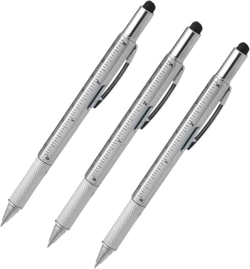 Stylus Pen, 7-in-1 Multi-Tool Pen Touchscreen Stylus, Ballpoint Pen, Ruler, Level, Phillips Screwdriver and Flathead (3 Pack Silver)...