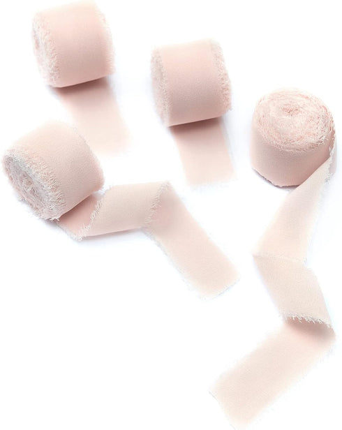 4 Rolls Blush Pink Handmade Fringe Chiffon Silk Ribbon 1"W x 5Yd Per Roll,Frayed Edges Ribbon Set for Gifts Wrapping,Wedding Invitations,Bouquets,...