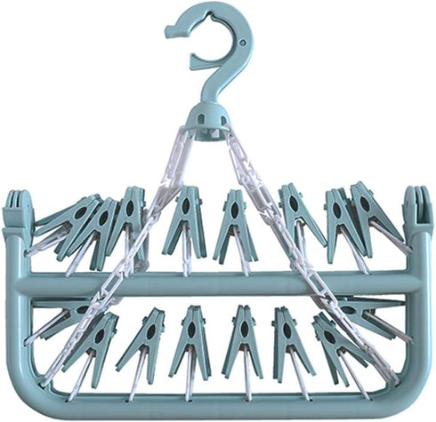 Clothes Drying Hanger with 32 Clips and Drip Foldable Hanging Rack (Light Blue)...