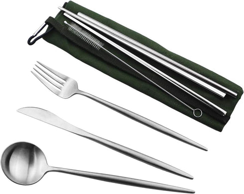 Reusable Travel Utensils, 7 Pieces Portable 18/10 Stainless Steel include Knife Fork Spoon Chopsticks Cleaning Brush Straws Portable Pouch, Eco-fr...